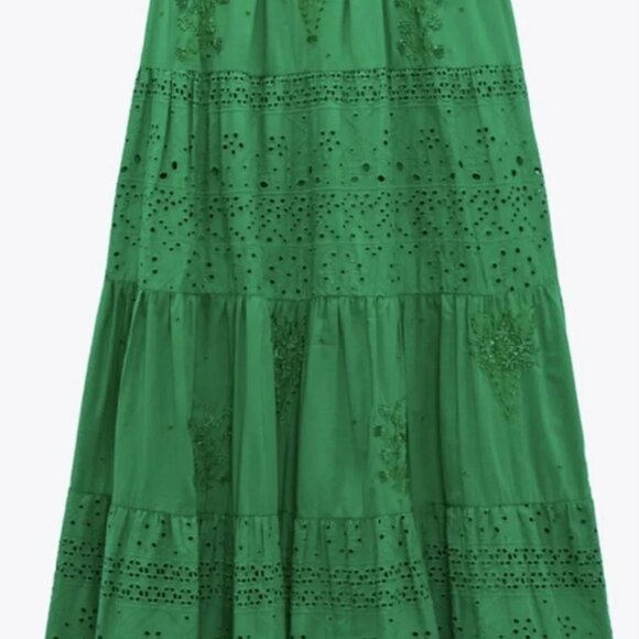 Zara Long Embroidered Green Maxi Skirt With Shells - Picture 2 of 3